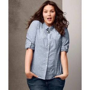 Lane Bryant Blue Chambray Polka Dot Button Up Top
